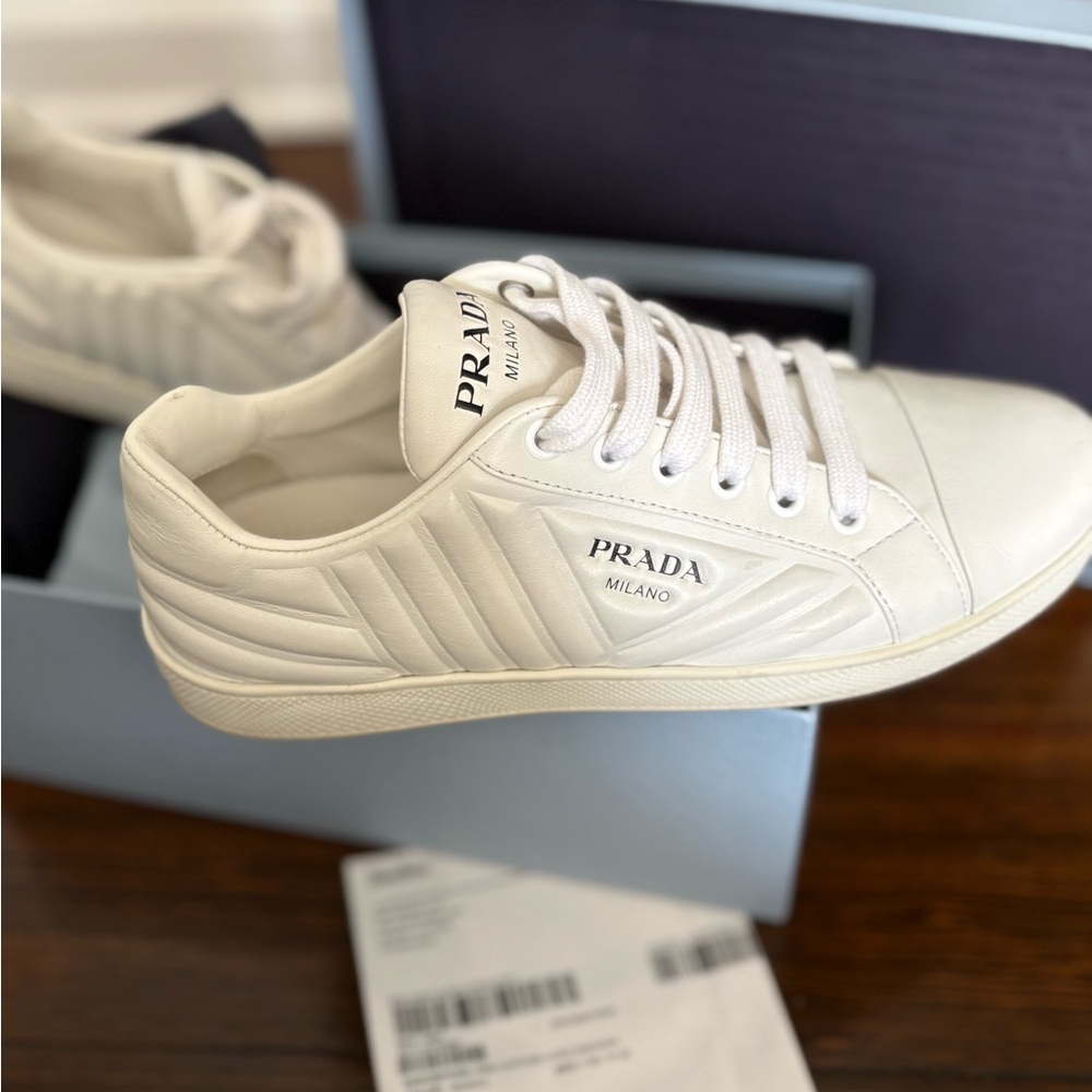 Prada White Leather Logo Sneakers